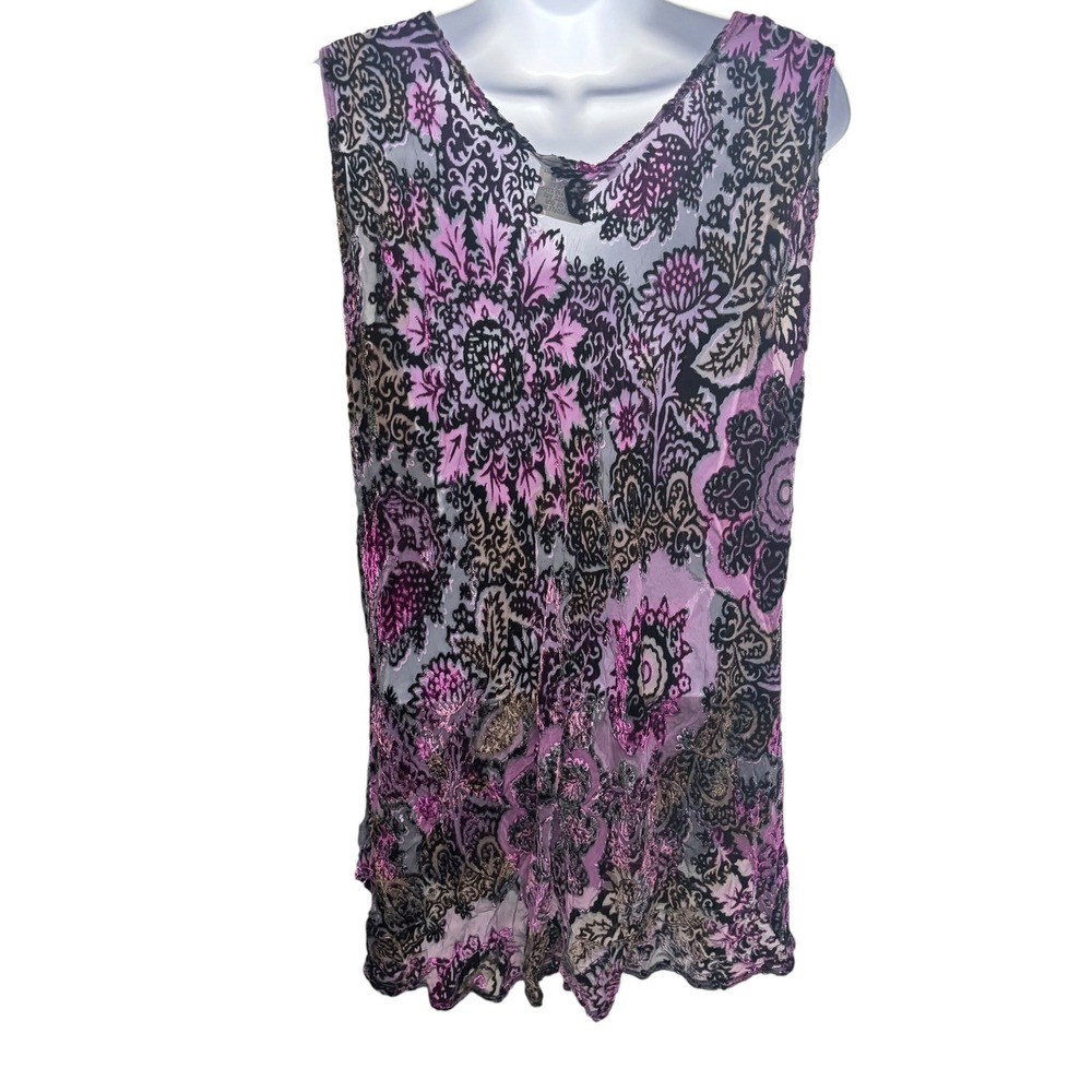 URU Silk Blend Velvet Burnout Floral Tank Top Purple Black Tunic XL USA - Picture 2 of 12